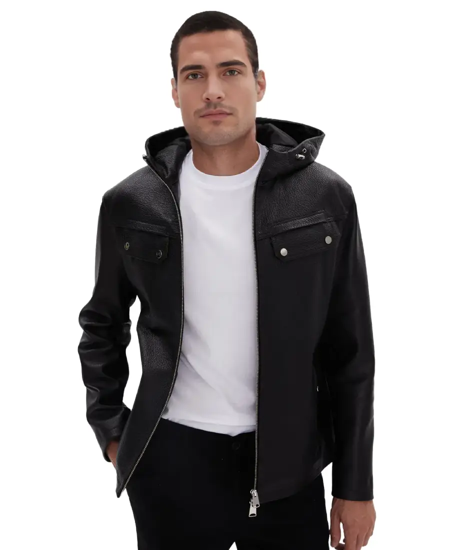 Black Men'S Hooded Leather Jacket 3 Black Men'S Hooded Leather Jacket Front - Trendy Leather Jackets