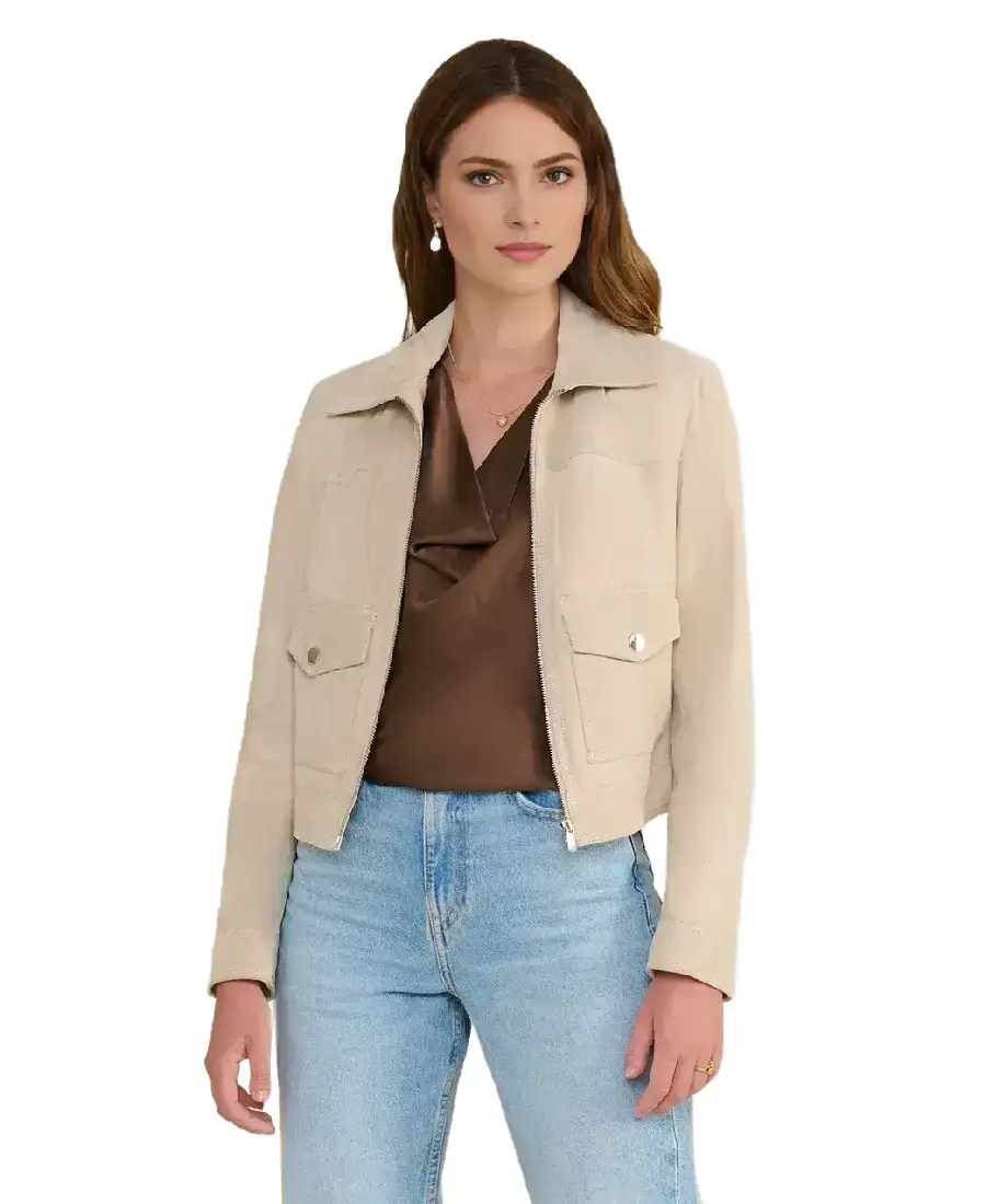 Isabella Beige Suede Jacket 3 Isabella Beige Suede Jacket Front - Trendy Leather Jackets