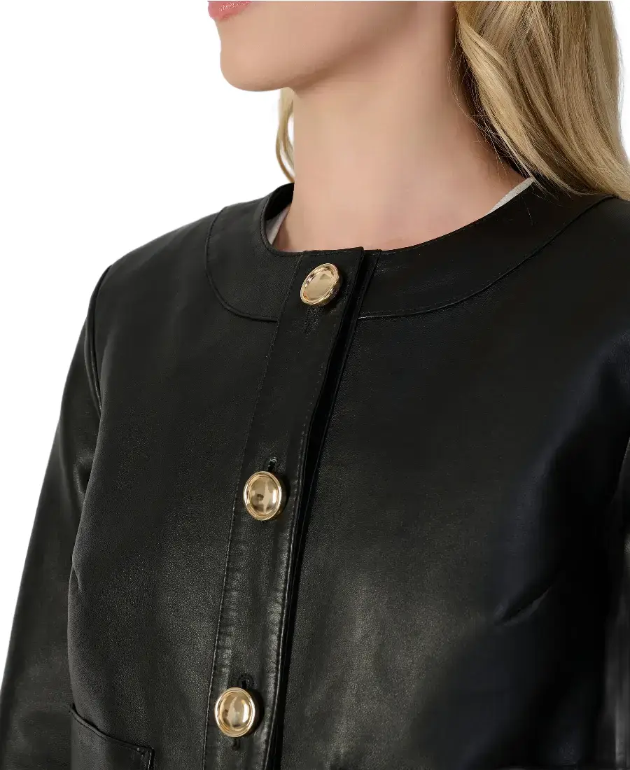Margot Black Leather Jacket 4 Margot Black Leather Jacket Closeup - Trendy Leather Jackets