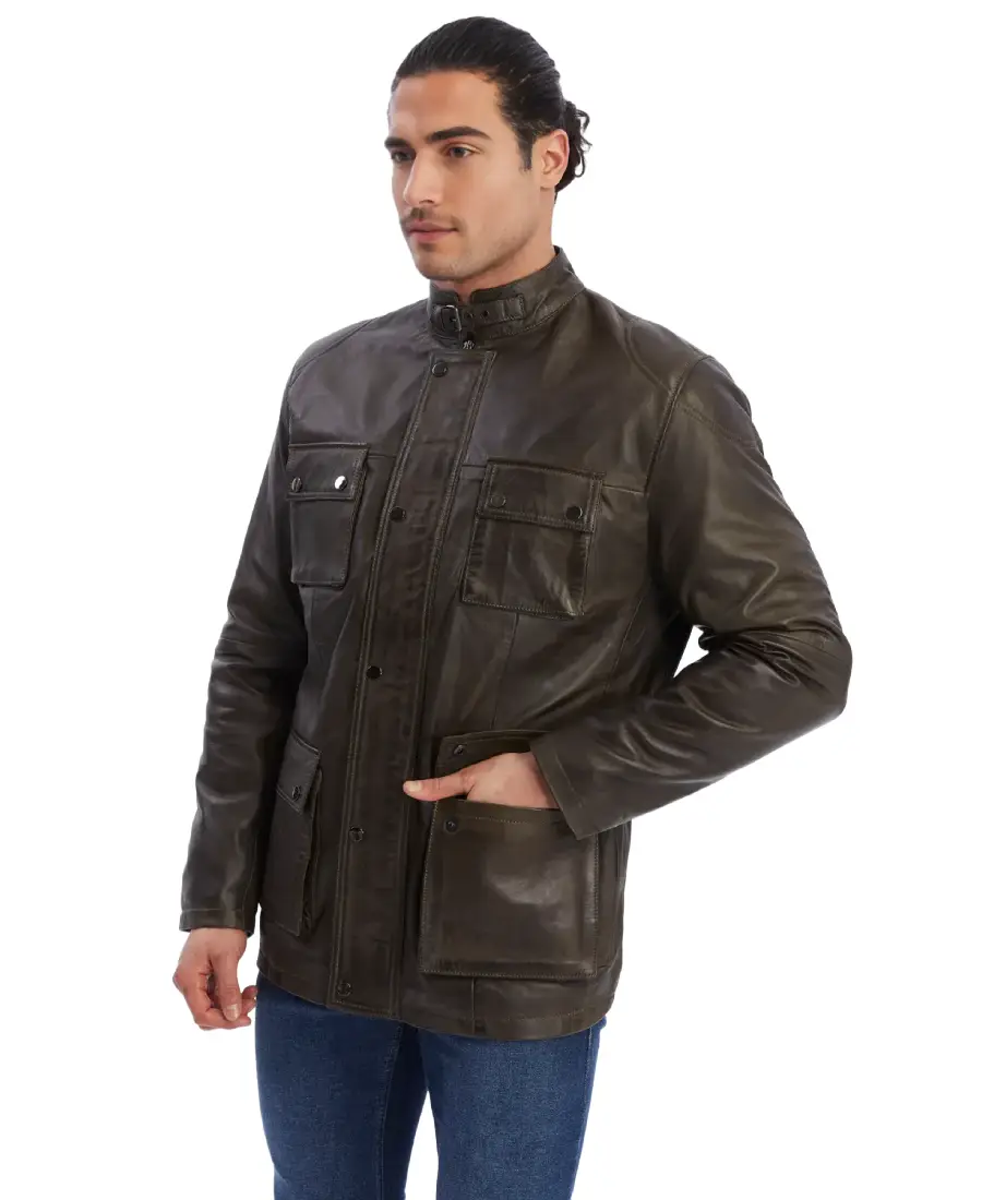 Men'S Dark Brown Bomber Leather Jacket 4 Men'S Dark Brown Bomber Leather Jacket Front View - Trendy Leather Jackets