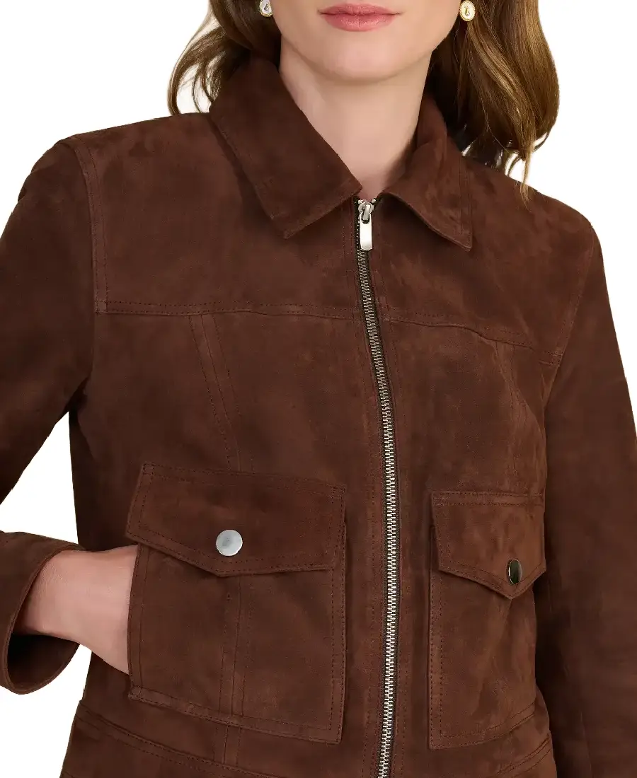 Isabella Dark Brown Suede Jacket 4 New Isabella Dark Brown Suede Jacket Closeup - Trendy Leather Jackets