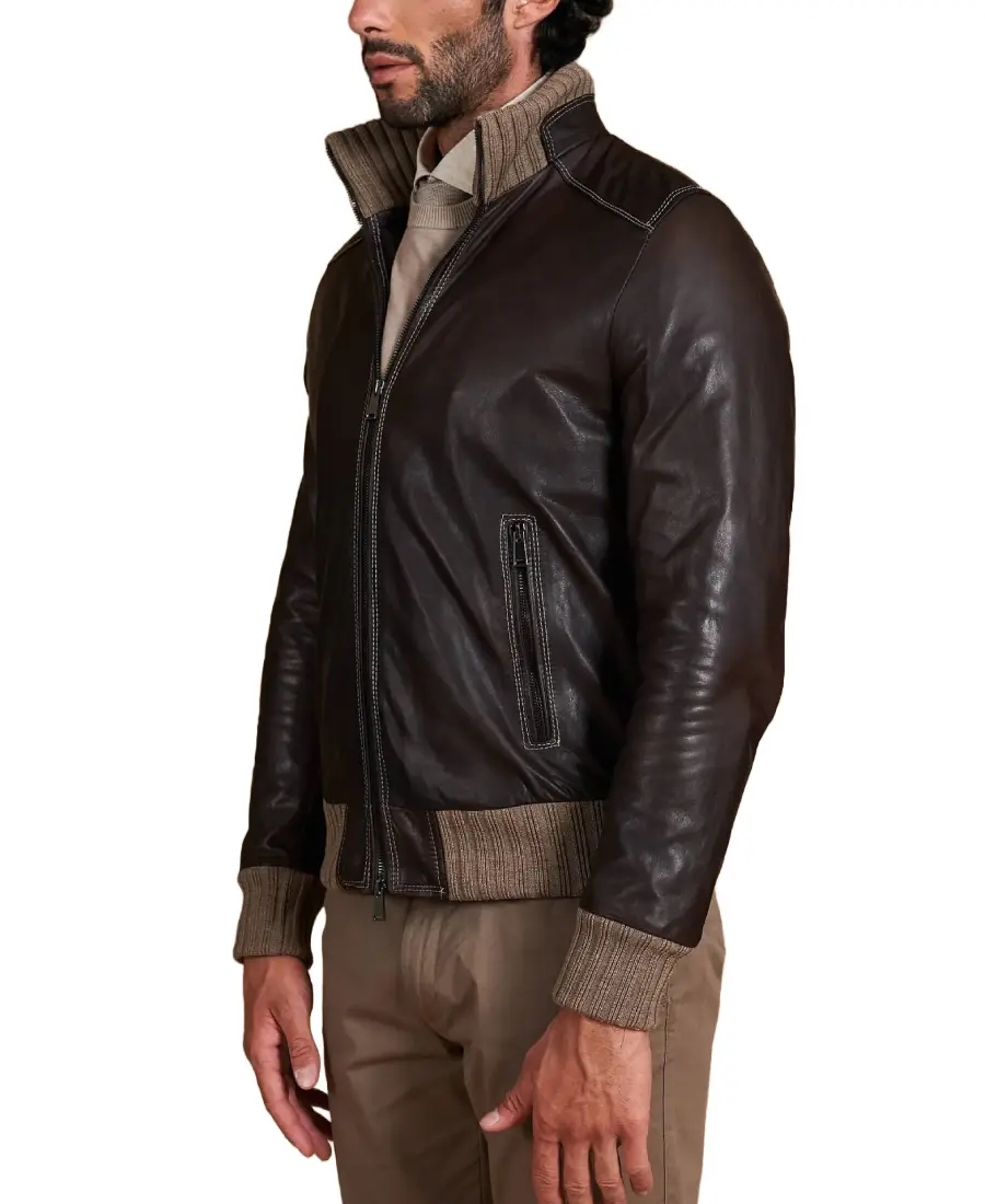 Men Dark Brown Sheepskin Bomber Jacket 4 Men Dark Brown Sheepskin Bomber Jacket Side - Trendy Leather Jackets