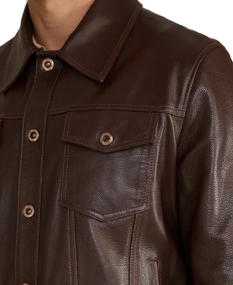 Oliver Dark Brown Leather Jacket 4 Oliver Dark Brown Leather Jacket Closeup - Trendy Leather Jackets