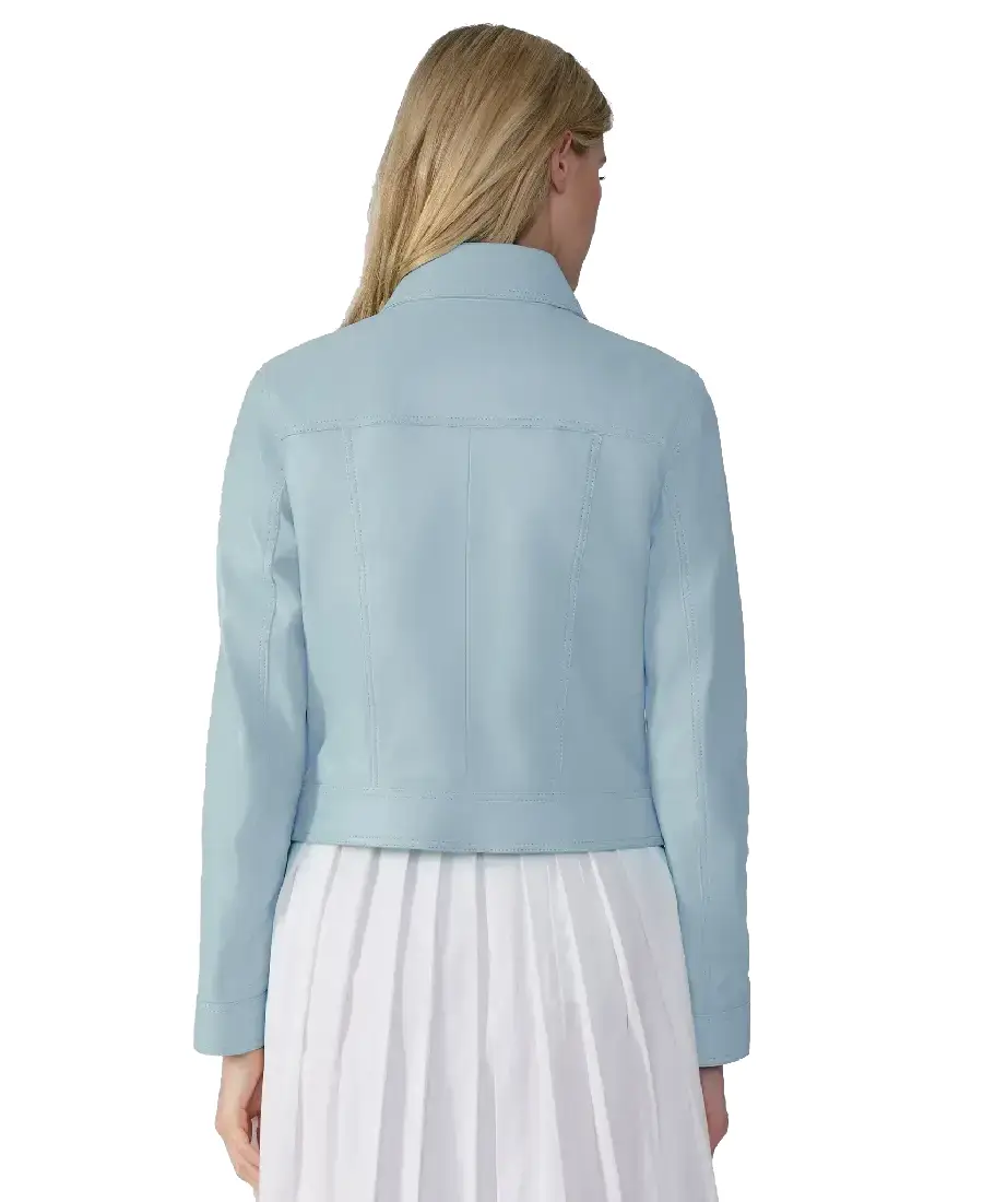 Shop The Flora Sky Blue Leather Jacket - Trendy Leather Jackets