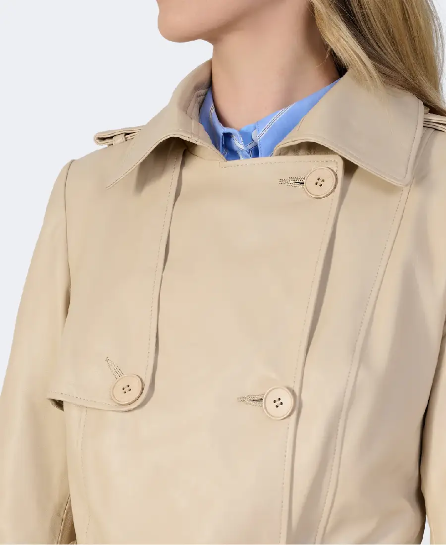 Soho Beige Leather Trench Coat 4 Soho Beige Leather Trench Coat Closeup - Trendy Leather Jackets