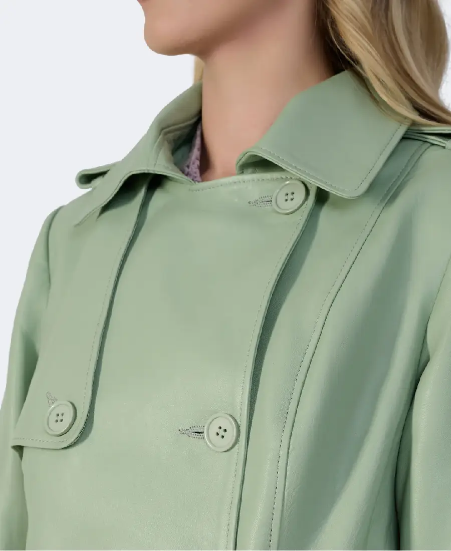 Soho Sage Green Leather Trench Coat 4 Soho Sage Green Leather Trench Coat Closeup - Trendy Leather Jackets