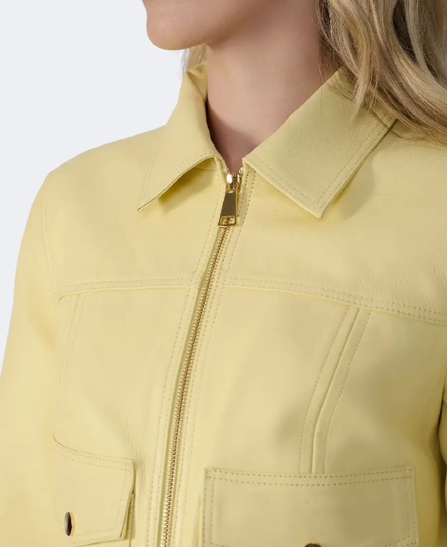 Women Flora Yellow Leather Jacket 4 Women Flora Yellow Leather Jacket Closeup - Trendy Leather Jackets