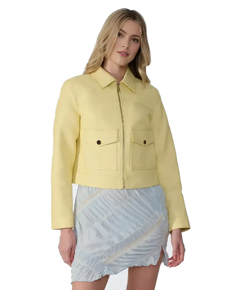 Women Flora Yellow Leather Jacket 3 Women Flora Yellow Leather Jacket Front - Trendy Leather Jackets