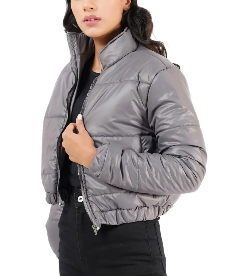 Women Grey Cropped Puffer Jacket 3 Women Grey Cropped Puffer Jacket Side - Trendy Leather Jackets