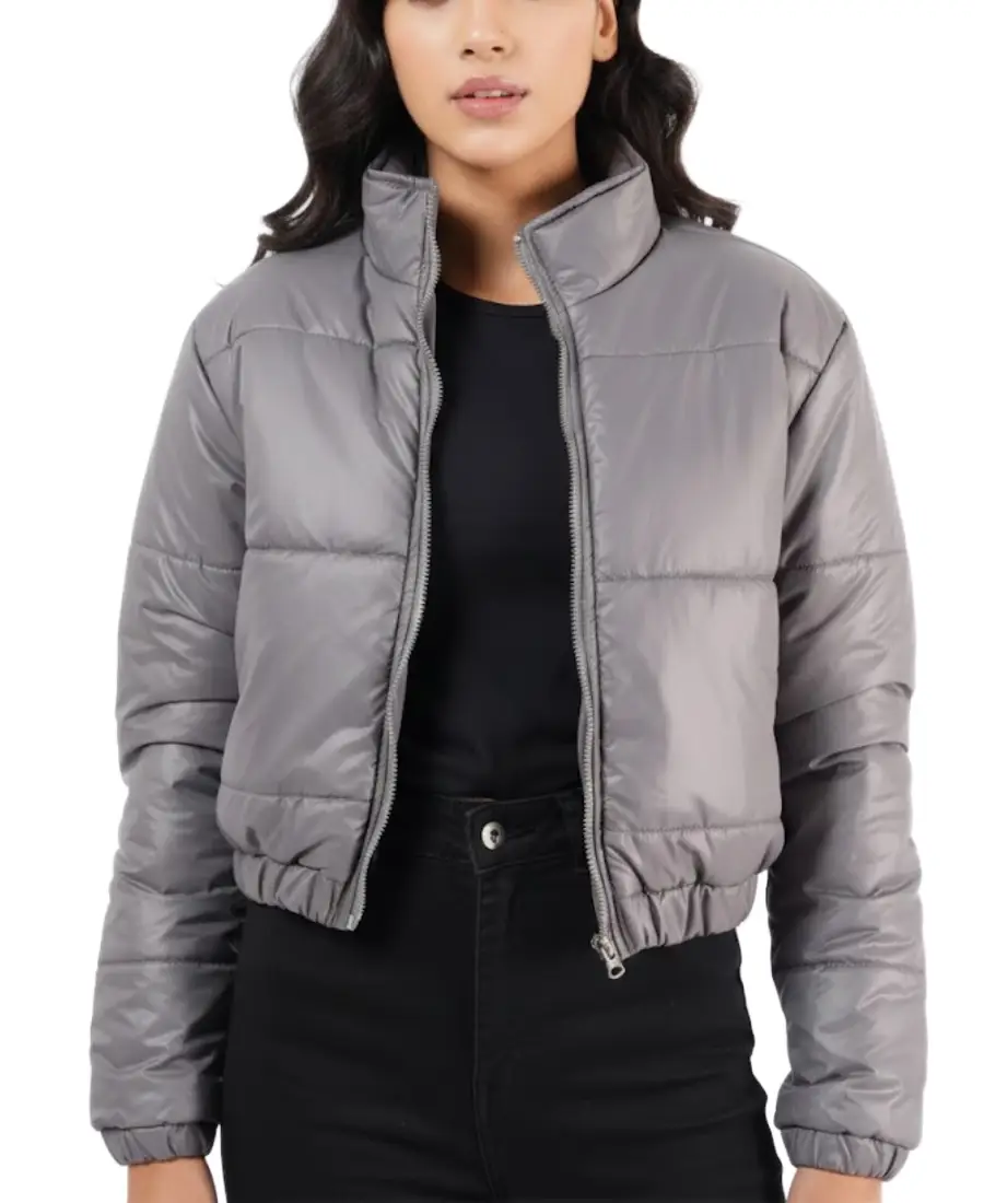 Women Grey Cropped Puffer Jacket - Trendy Leather Jackets