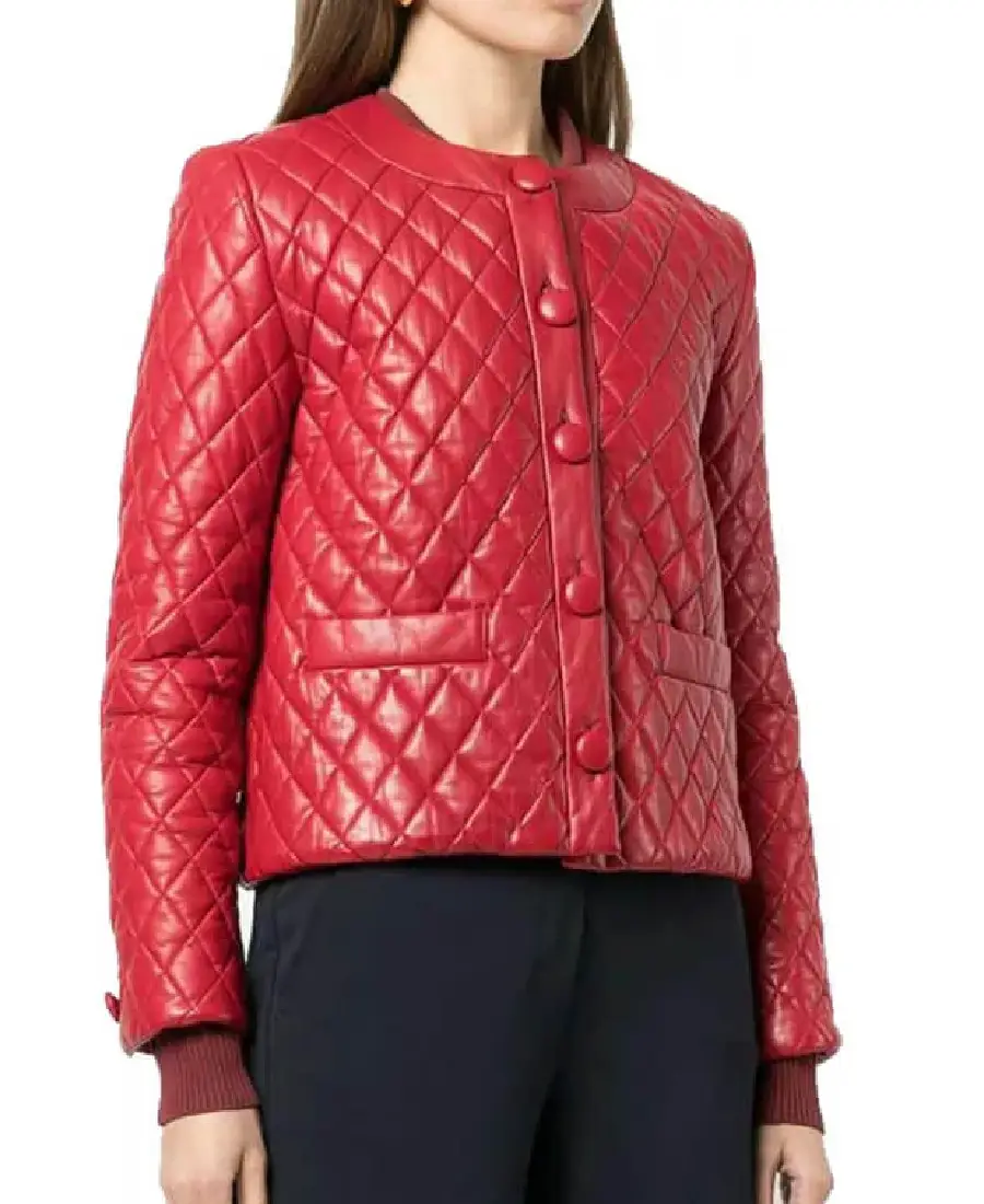 Women’s Collarless Quilted Leather Jacket 1 Women’s Collarless Quilted Leather Jacket - Trendy Leather Jackets
