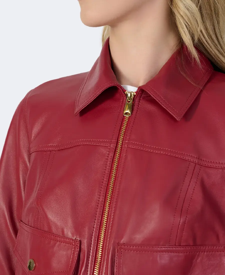 Women'S Flora Red Leather Jacket 4 Women'S Flora Red Leather Jacket Closeup - Trendy Leather Jackets