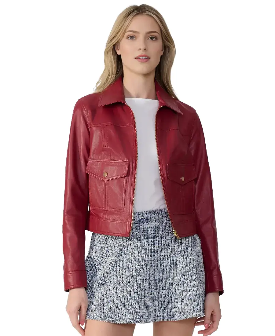 Women'S Flora Red Leather Jacket 3 Women'S Flora Red Leather Jacket Front - Trendy Leather Jackets