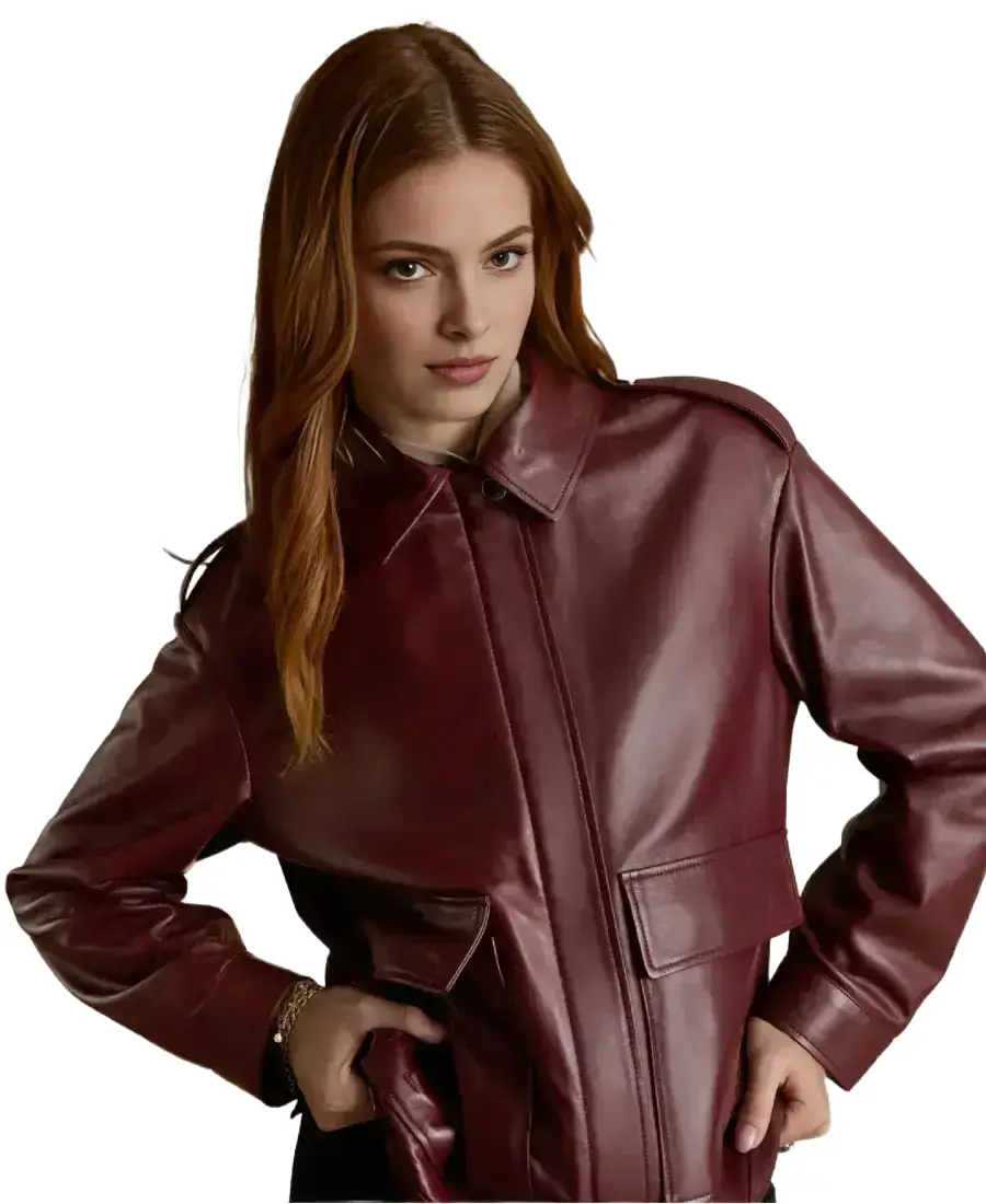 Women'S Maroon Shearling Collar Leather Jacket 4 Women'S Maroon Shearling Collar Leather Jacket Closeup - Trendy Leather Jackets