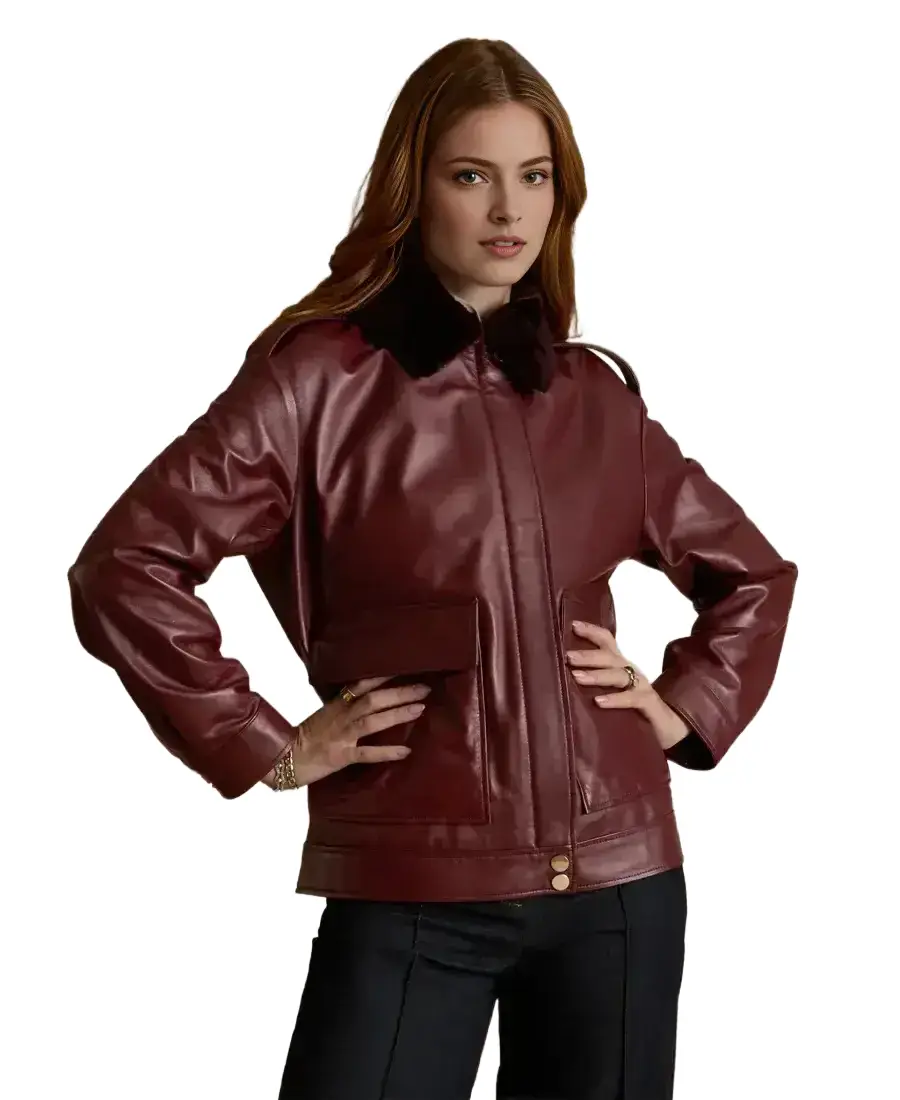 Women'S Maroon Shearling Collar Leather Jacket 3 Women'S Maroon Shearling Collar Leather Jacket Front - Trendy Leather Jackets