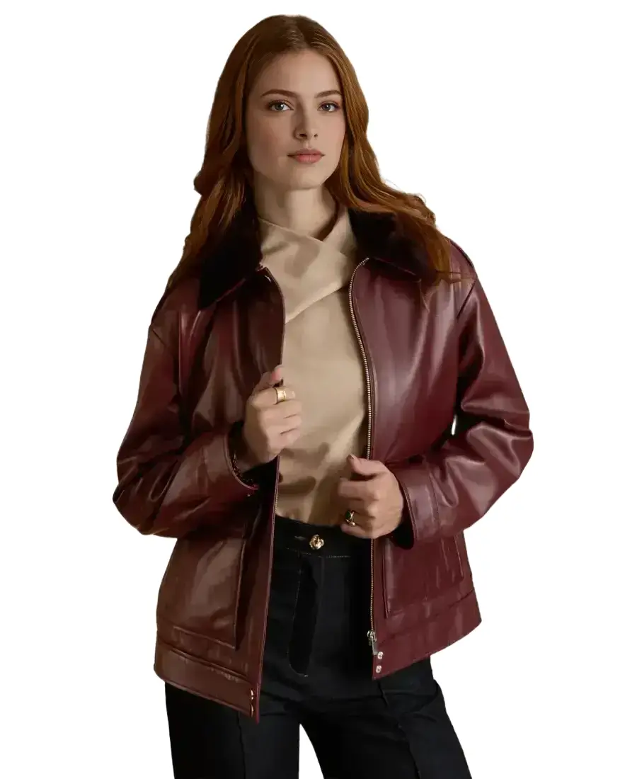 Women's Maroon Shearling Collar Leather Jacket - Trendy Leather Jackets