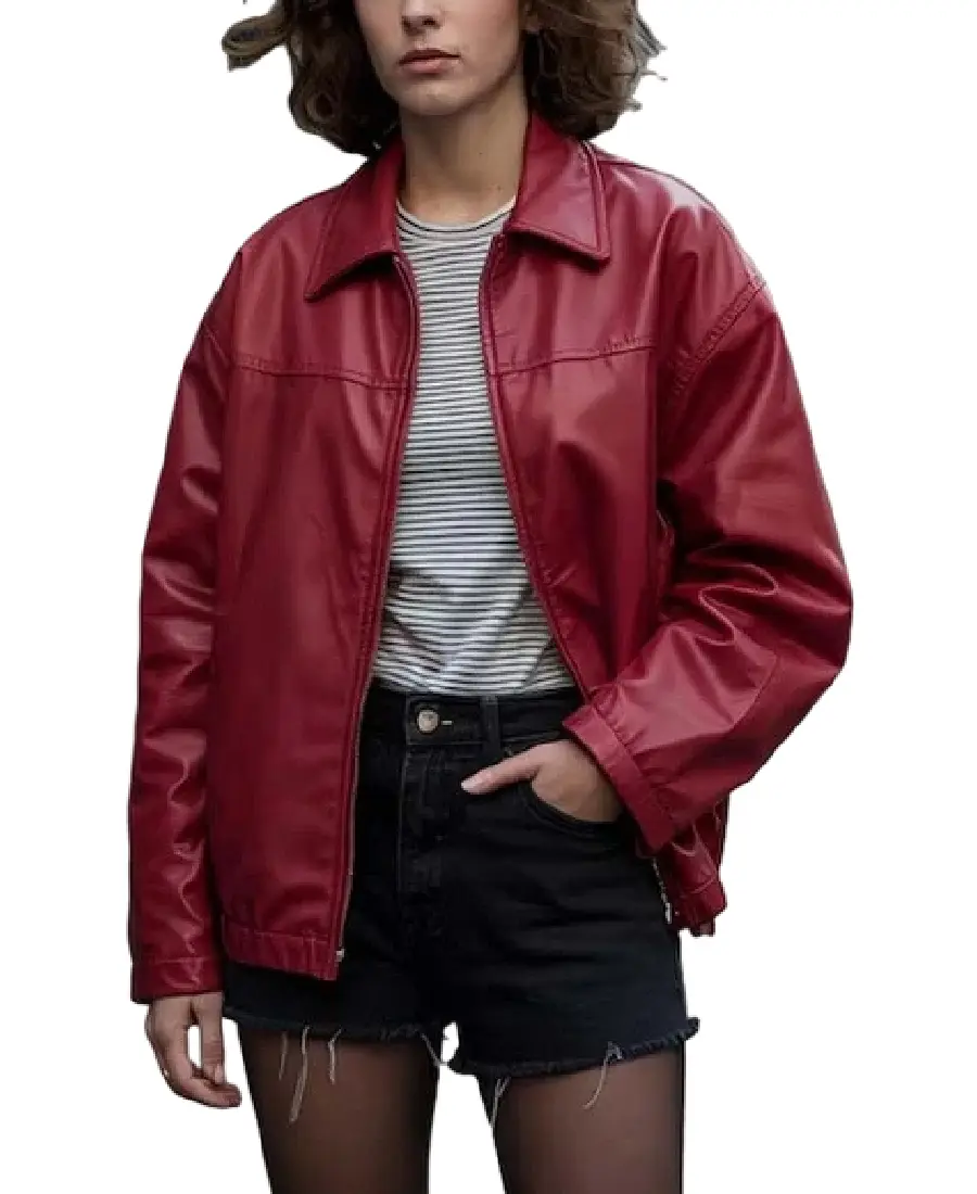 Women's Red Oversized Bomber Leather Jacket - Trendy Leather Jackets