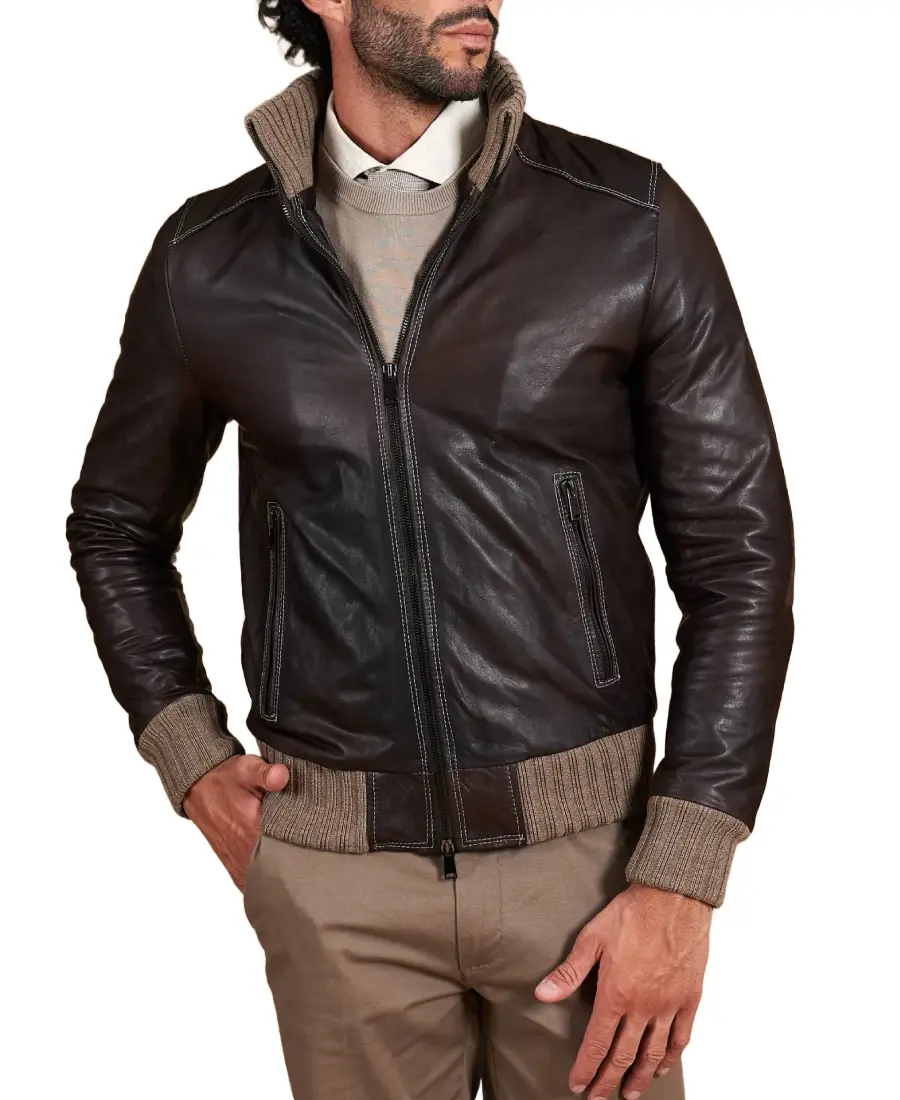 Men Dark Brown Sheepskin Bomber Jacket 3 Men Dark Brown Sheepskin Bomber Jacket Front - Trendy Leather Jackets