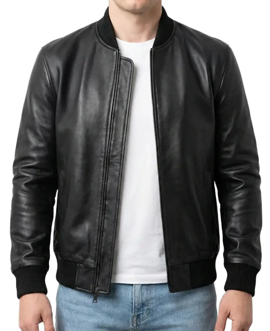 Classic Black Bomber Leather Jacket - Trendy Leather Jackets