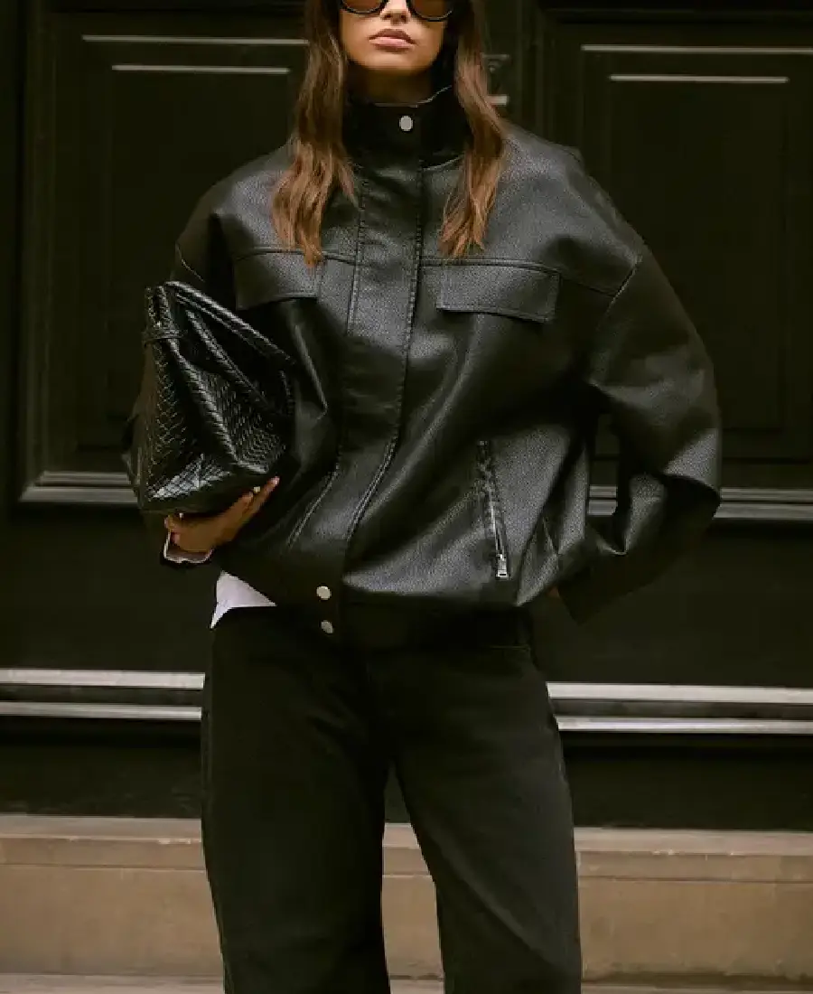 Funnel Neck Black Faux Leather Jacket - Trendy Leather Jackets
