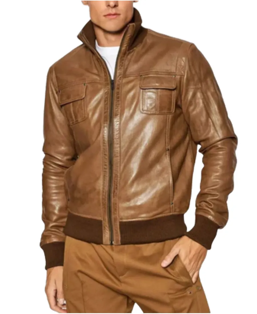 Men Brown Sheepskin Leather Bomber Jacket 3 Men Brown Sheepskin Leather Bomber Jacket Front - Trendy Leather Jackets
