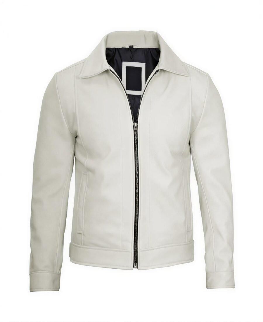 Men White Biker Leather Jacket Front Side - Trendy Leather Jackets