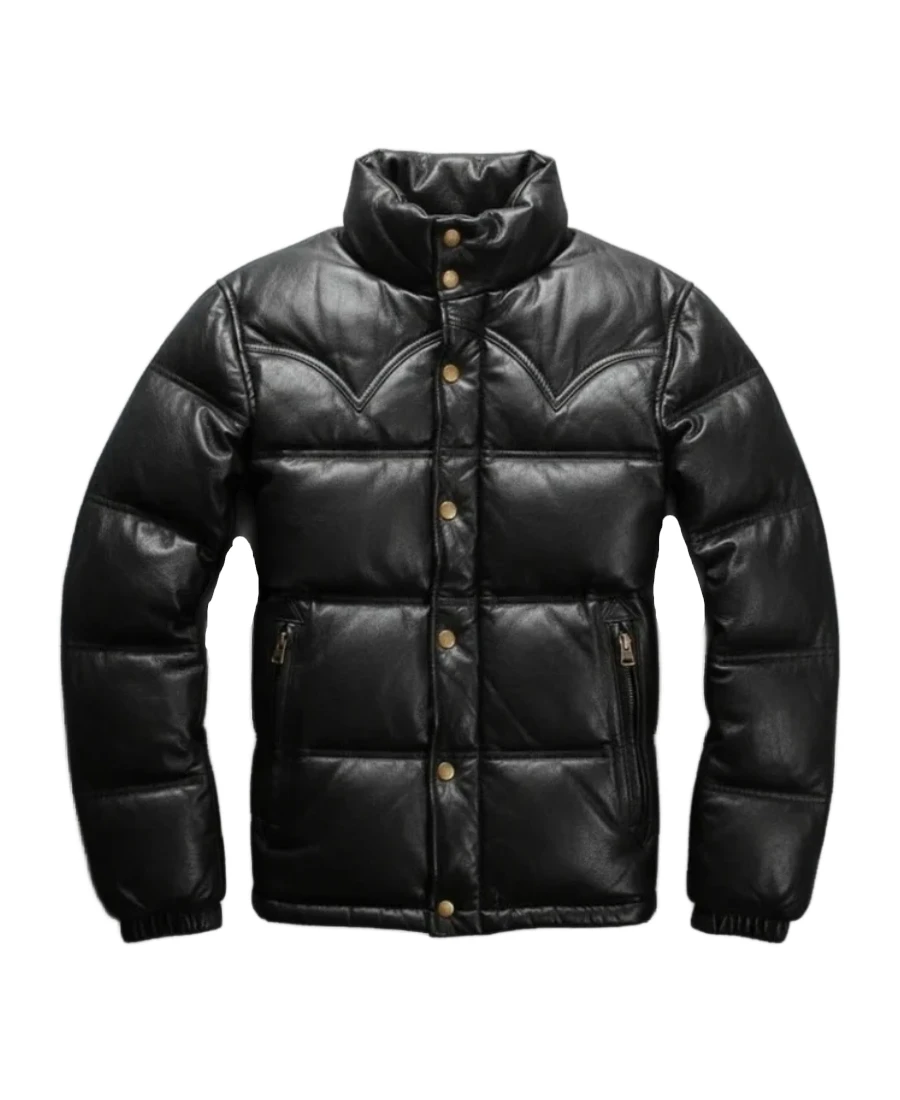 Men'S Leather Puffer Jacket 3 Men'S Black Leather Puffer Jacket Front - Trendy Leather Jackets