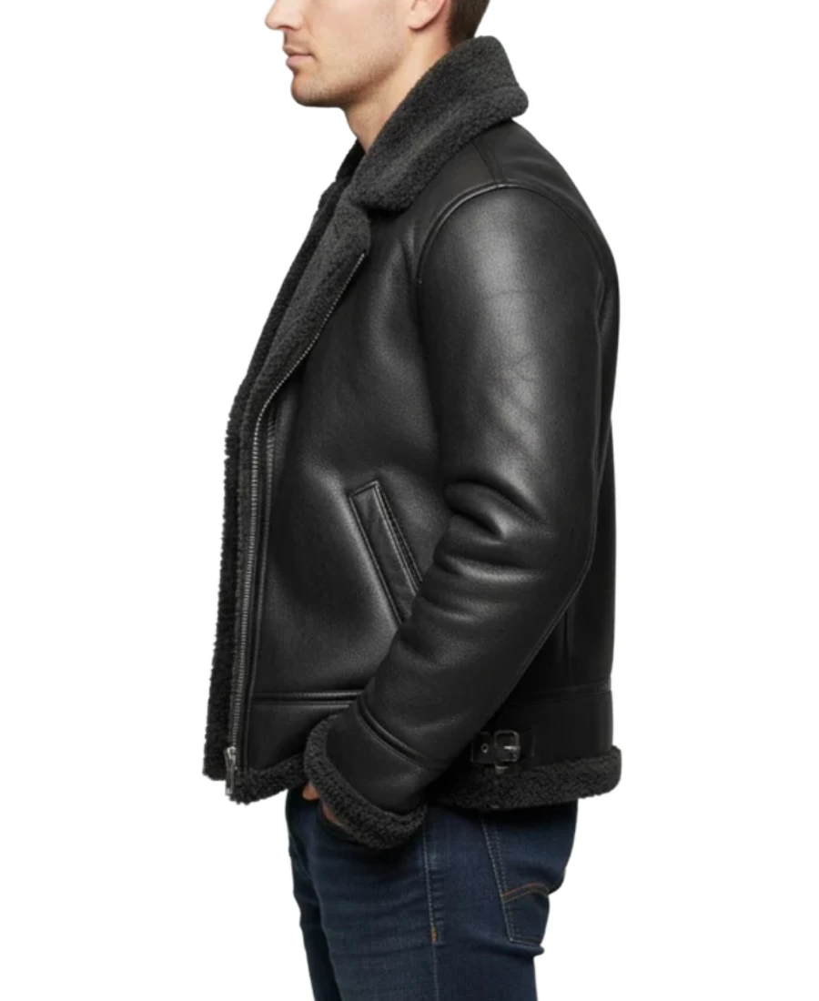 Men'S Black Sheepskin Shearling Leather Jacket 3 Men'S Black Sheepskin Shearling Leather Jacket Side - Trendy Leather Jackets
