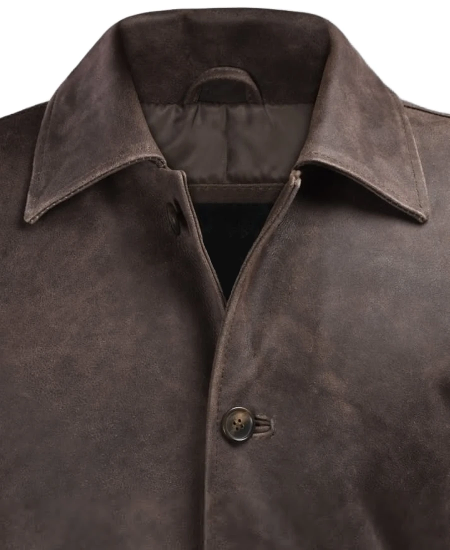 Men'S Brown Cowhide Leather Coat 3 Men'S Brown Cowhide Leather Trench Coat Closeup - Trendy Leather Jackets