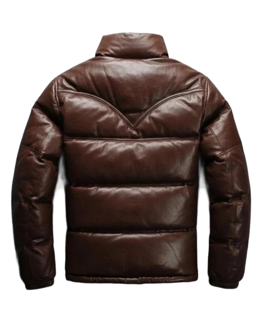 Men'S Leather Puffer Jacket 8 Men'S Brown Leather Puffer Jacket Back - Trendy Leather Jackets