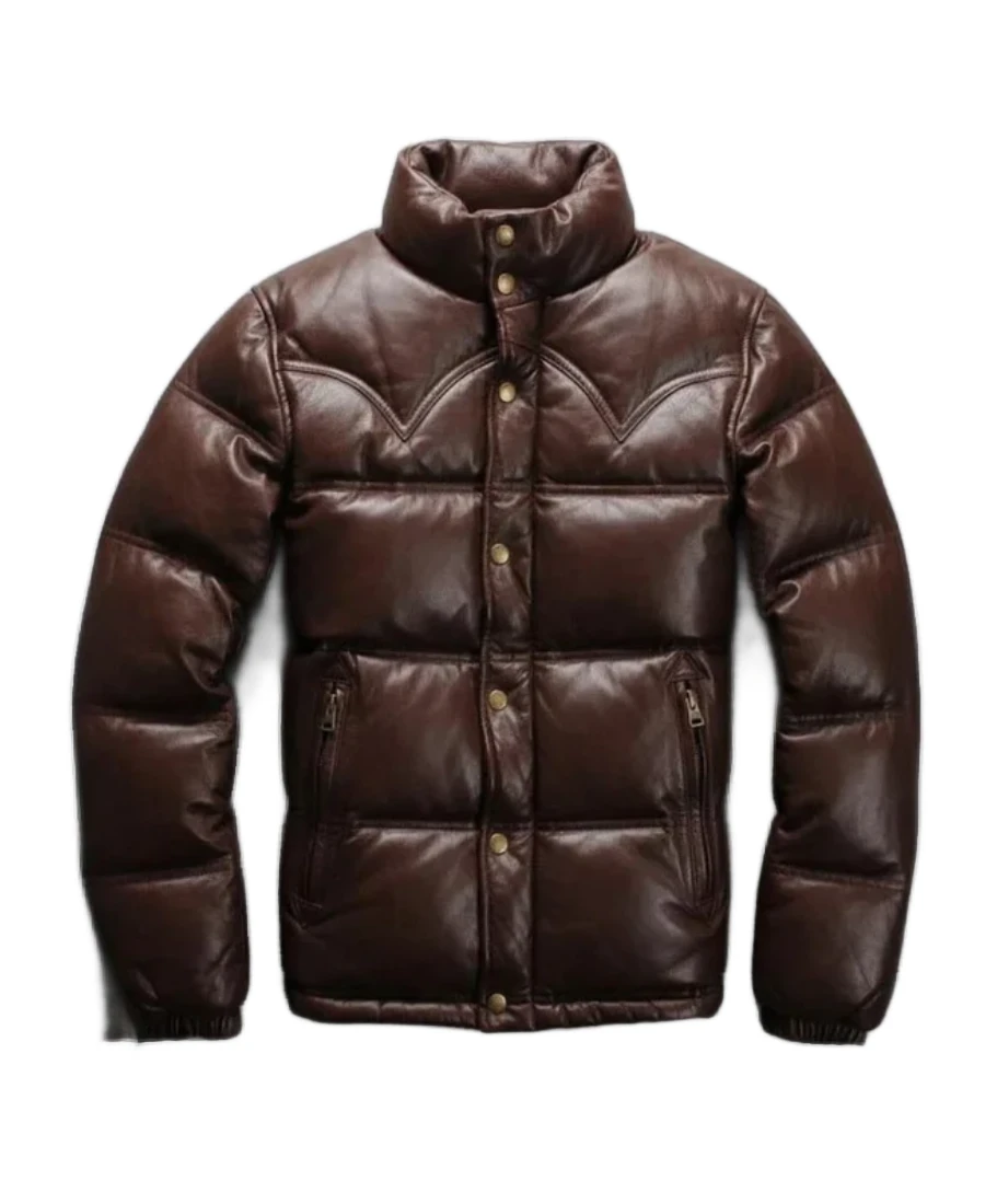 Men'S Leather Puffer Jacket 7 Men'S Brown Leather Puffer Jacket Front - Trendy Leather Jackets