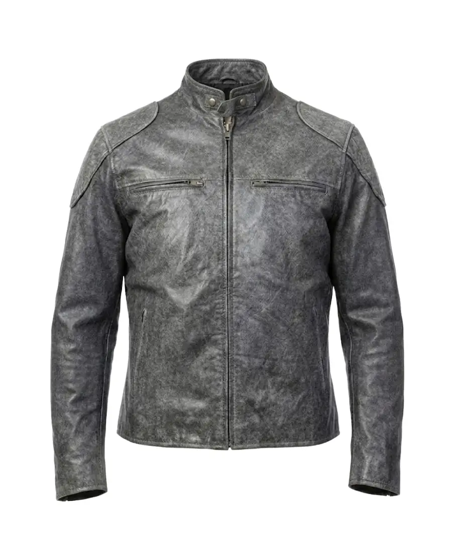 Men’s Distressed Grey Biker Leather Jacket 3 Men’s Distressed Grey Biker Leather Jacket Front - Trendy Leather Jackets