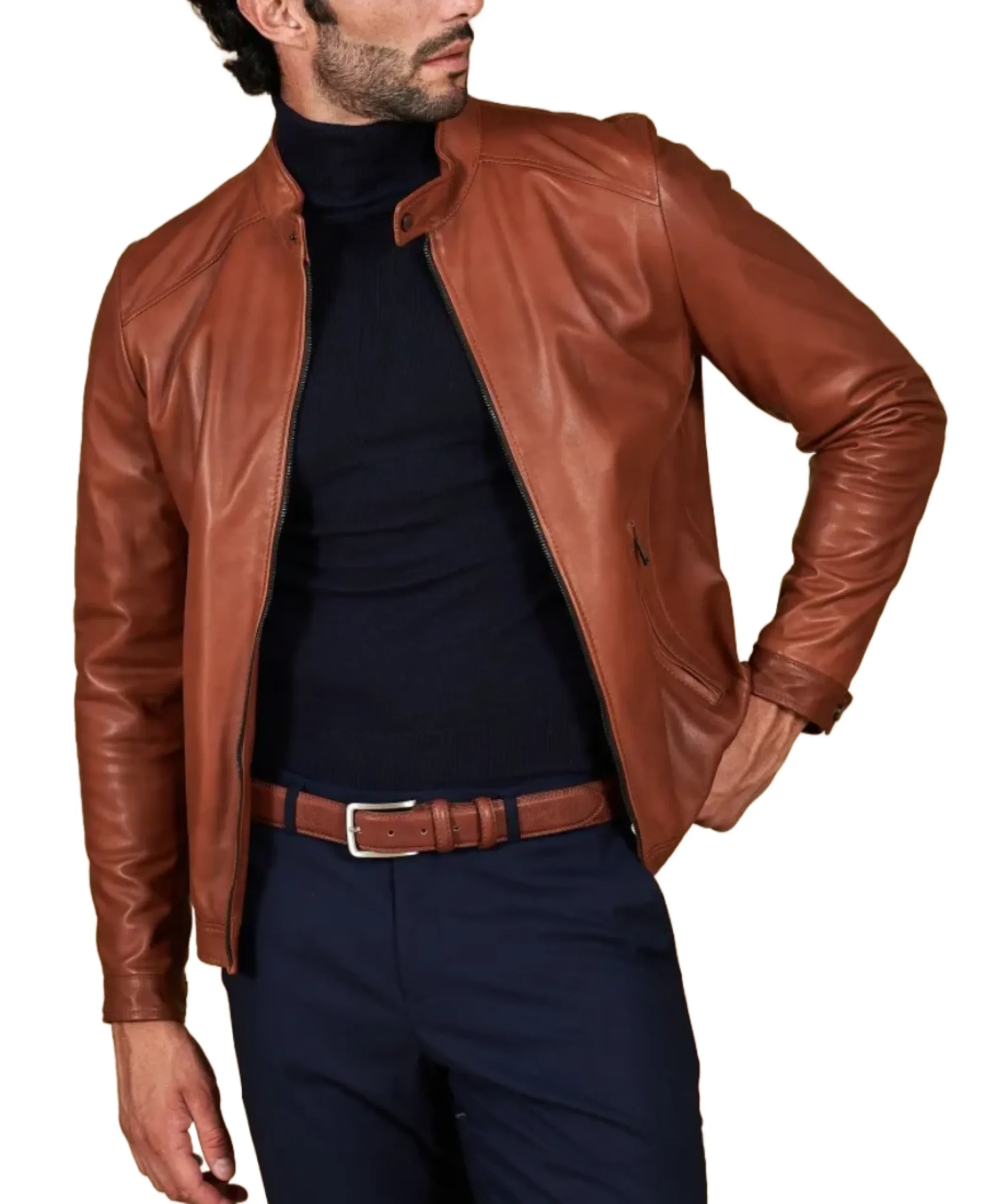 Men'S Effect Korean Brown Leather Jacket 3 Men'S Effect Korean Brown Leather Jacket Front - Trendy Leather Jackets