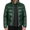 Men's Green Puffer Leather Jacket - Trendy Leather Jackets