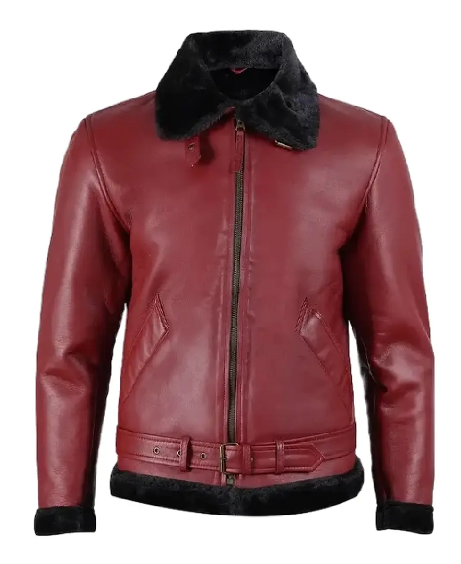 Men'S Maroon Shearling Bomber Jacket - Trendy Leather Jackets