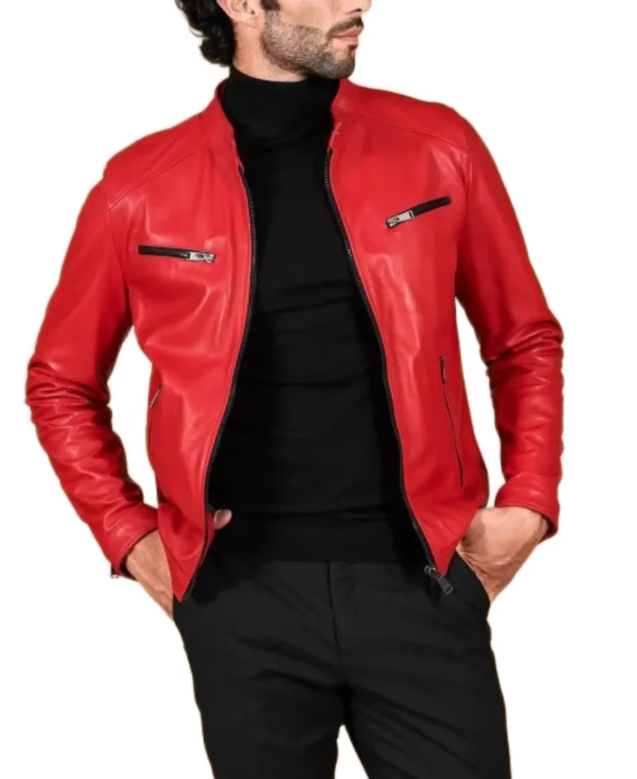 Men'S Red Nappa Leather Jacket Front - Trendy Leather Jackets