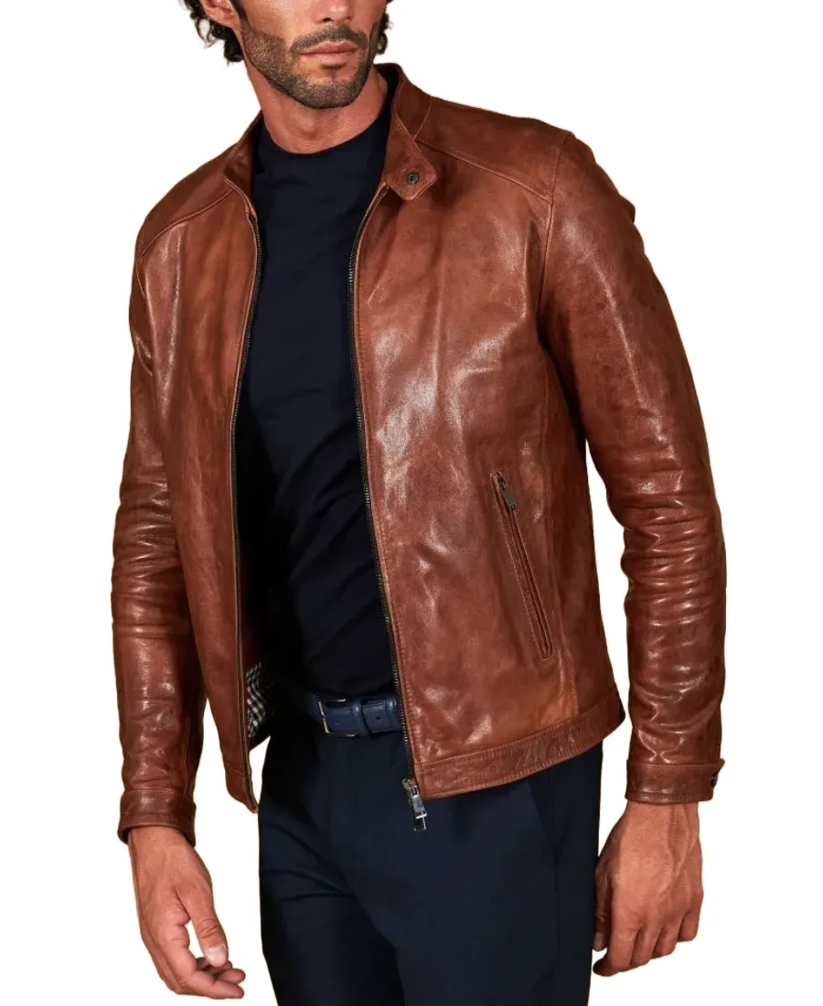 Men'S Brown Biker Vegan Leather Jacket 3 Men'S Brown Biker Vegan Leather Jacket Front - Trendy Leather Jackets