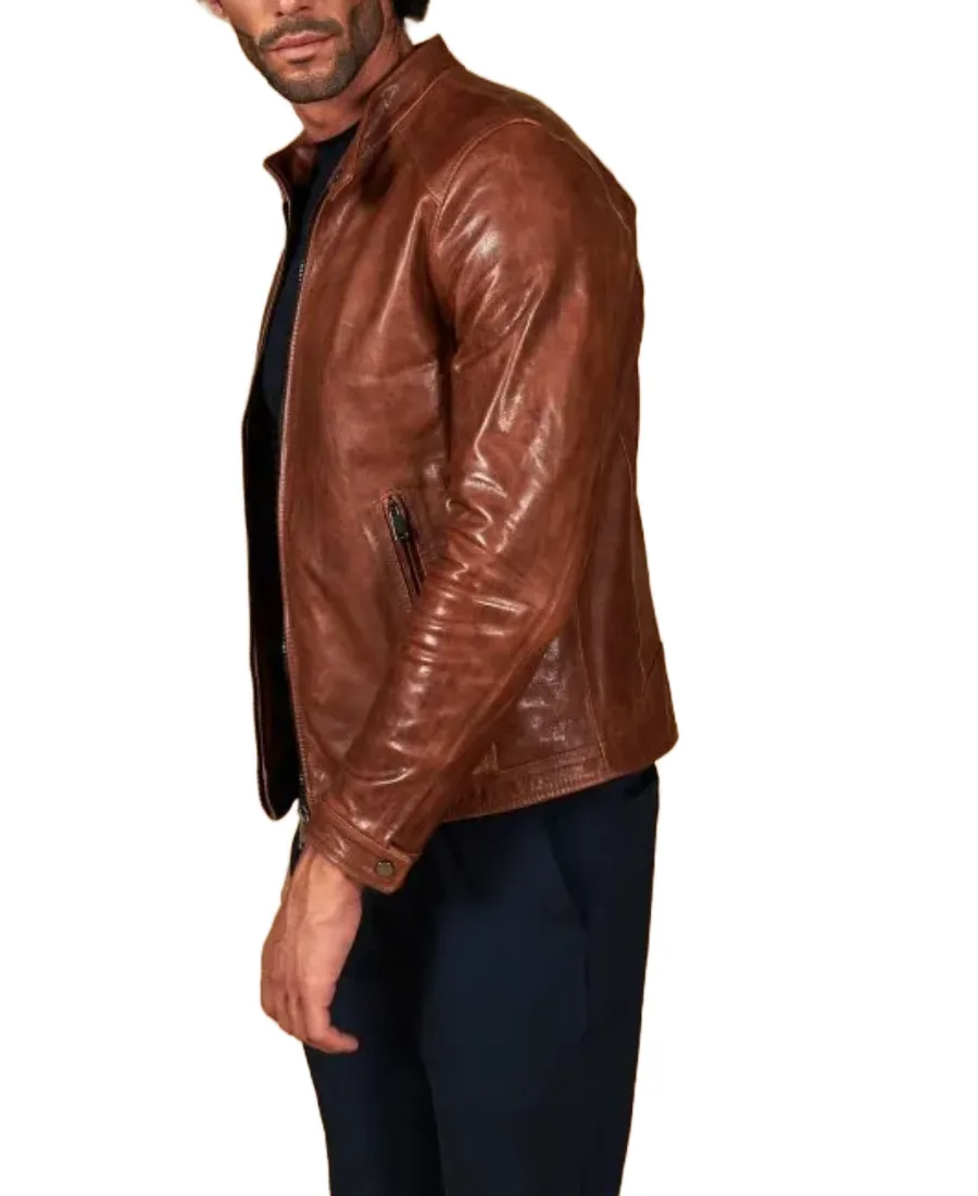 Men'S Brown Biker Vegan Leather Jacket 4 Men'S Brown Biker Vegan Leather Jacket Side - Trendy Leather Jackets