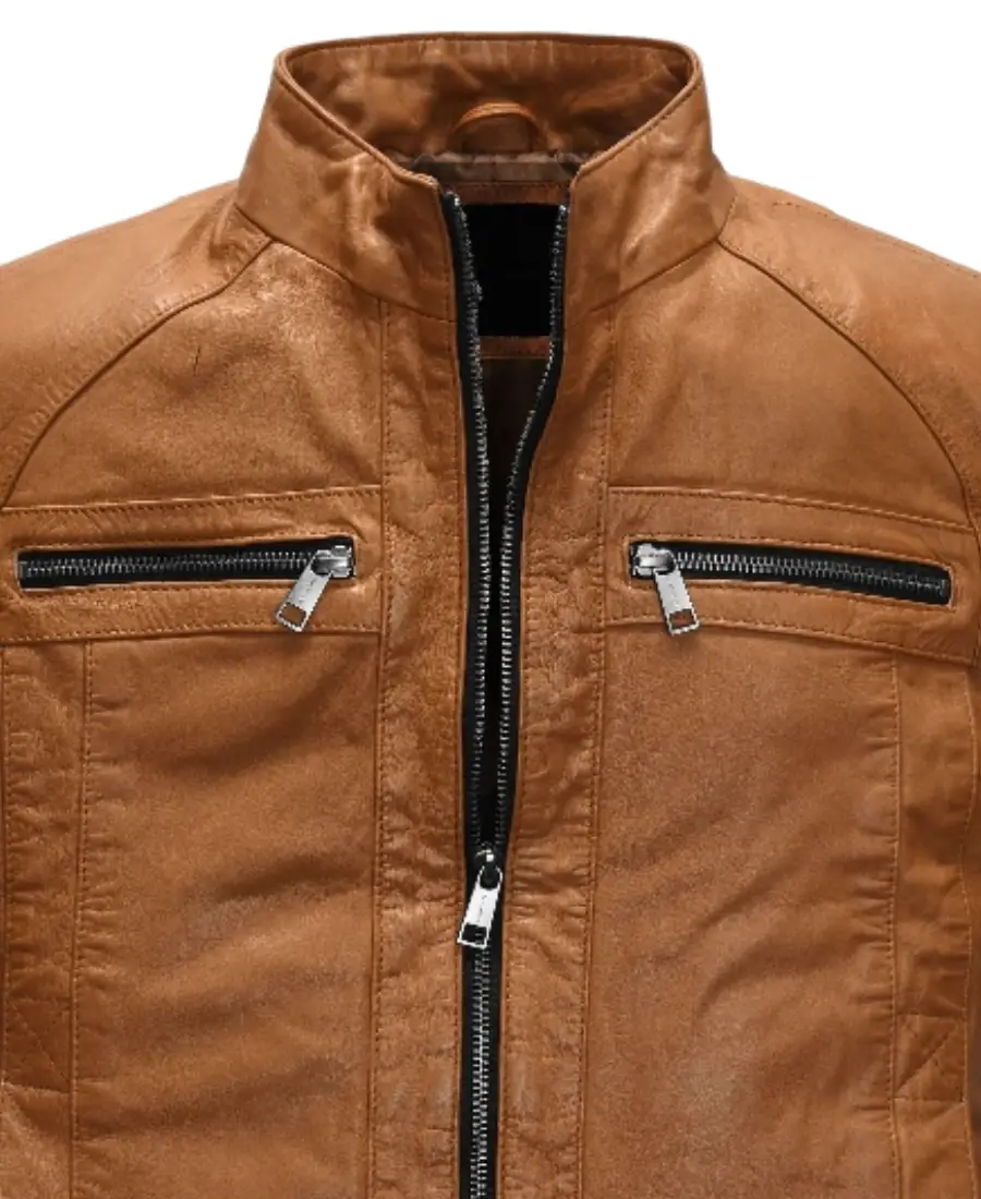 Brown Men'S Leather Jacket 3 Brown Men'S Leather Jacket Closeup - Trendy Leather Jackets