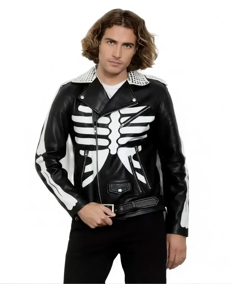 Men's White Skeleton Biker Leather Jacket - Trendy Leather Jackets