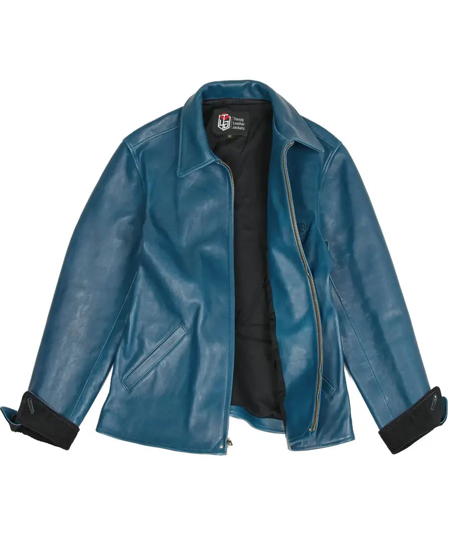 1930S Classic Blue Leather Jacket 3 1930S Classic Blue Leather Jacket Front - Trendy Leather Jackets