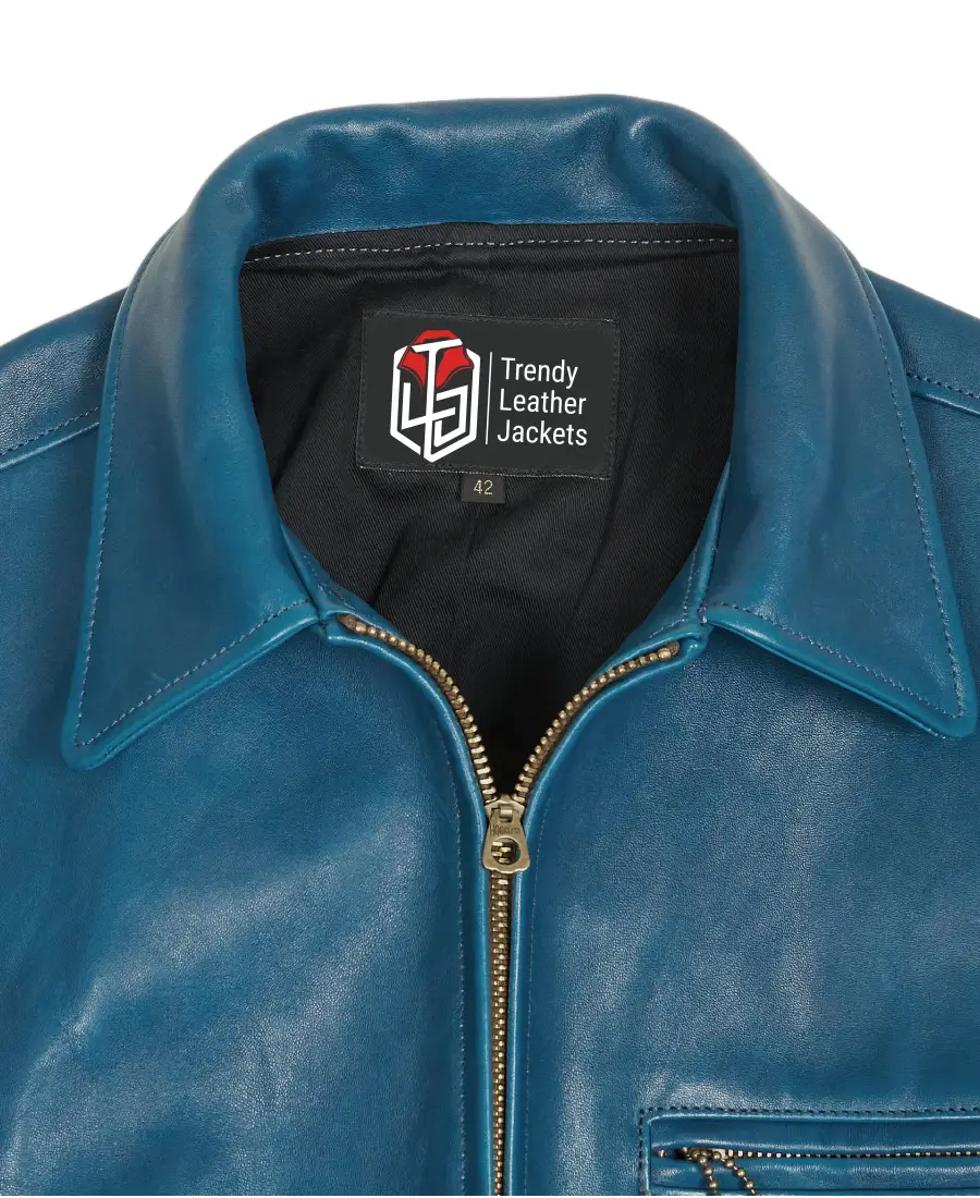 1930S Classic Blue Leather Jacket 4 1930S Classic Blue Leather Jacket Closeup - Trendy Leather Jackets