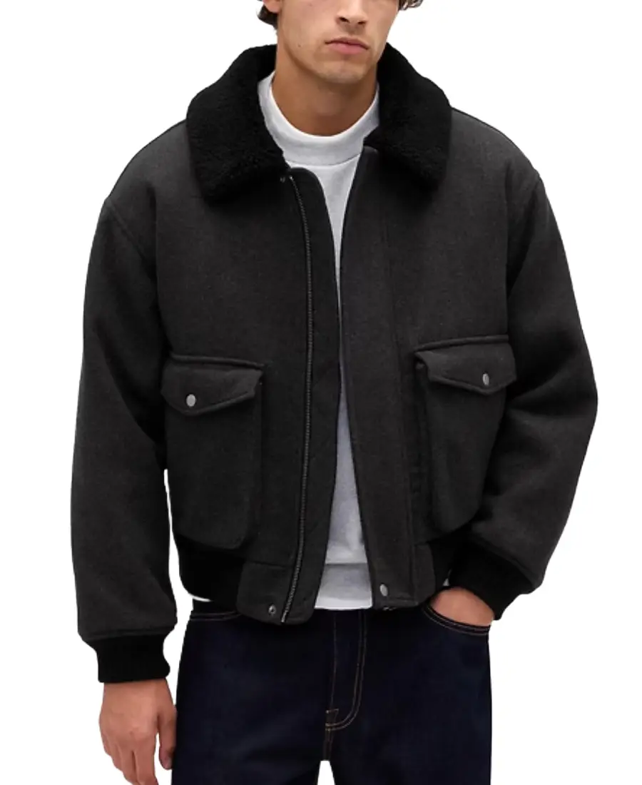 Relaxed Wool Blend Bomber Jacket - Trendy Leather Jackets