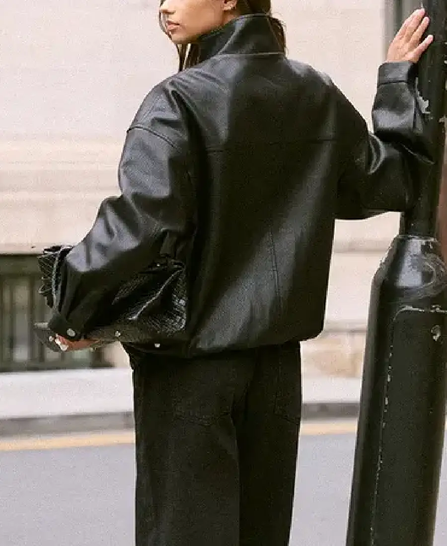 Shop The Funnel Neck Black Faux Leather Jacket - Trendy Leather Jackets