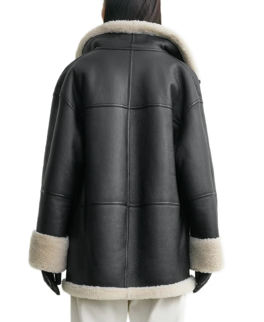 Shop The Women's Black Oversized Leather Shearling Jacket - Trendy Leather Jackets