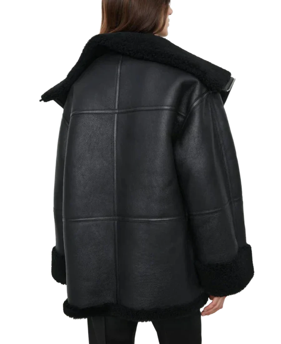 Shop The Women's Black Oversized Shearling Leather Jacket - Trendy Leather Jackets