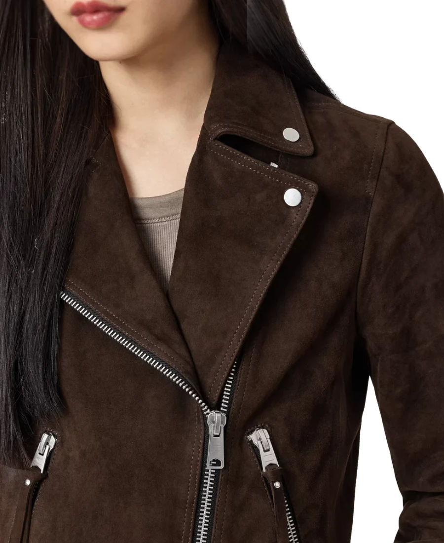 Women Dark Brown Suede Jacket 3 Women Dark Brown Suede Jacket Closeup - Trendy Leather Jackets