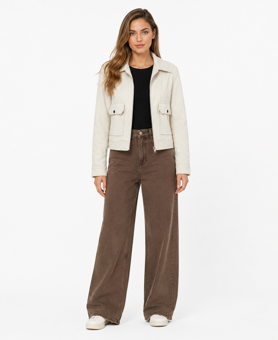 Women'S Signature Cream Faux Suede Jacket 7 Women Signature Cream Faux Suede Jacket Front View - Trendy Leather Jackets