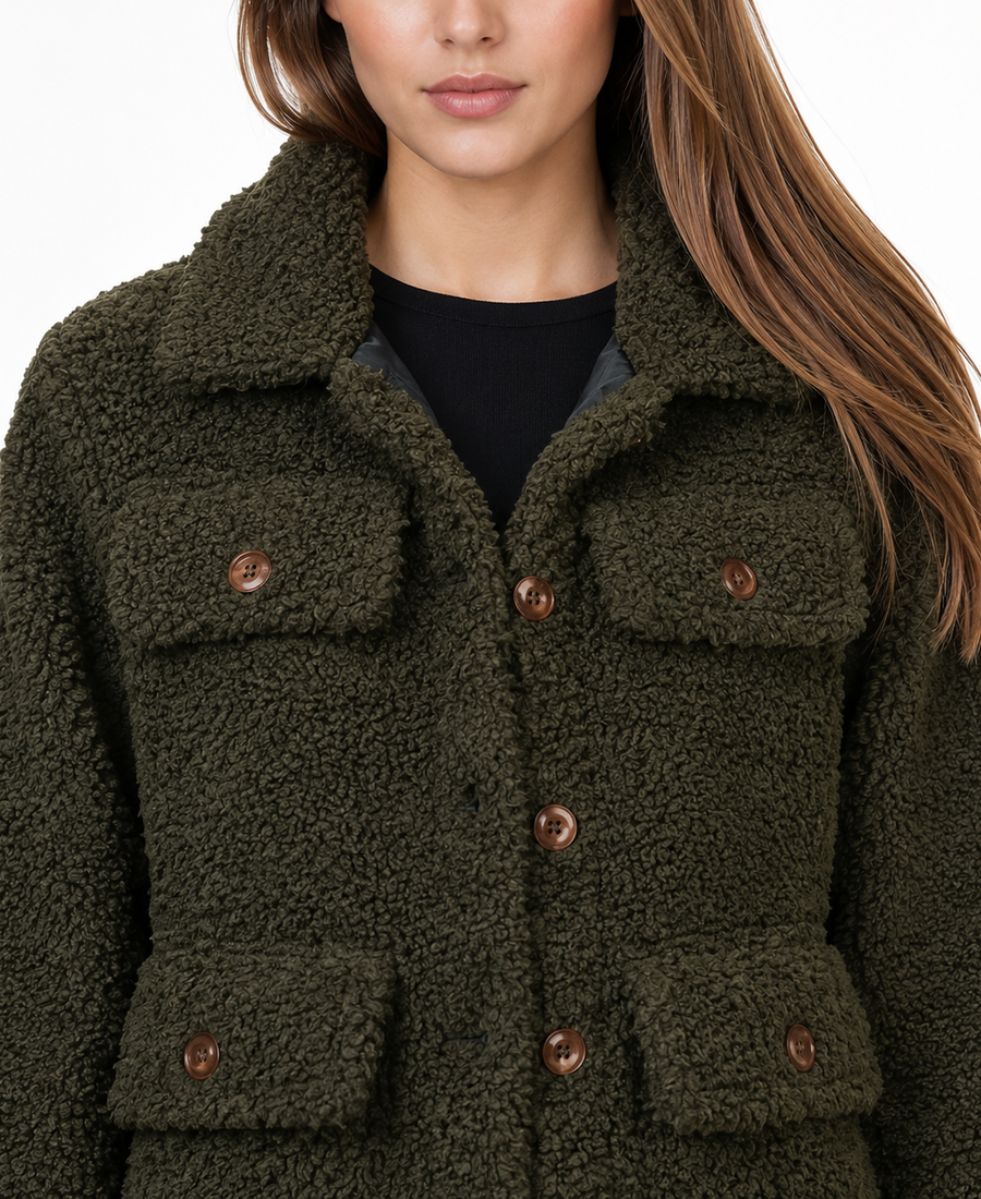 Women'S Signature Olive Green Faux Sherpa Jacket 6 Women Signature Olive Green Faux Sherpa Jacket Closeup - Trendy Leather Jackets
