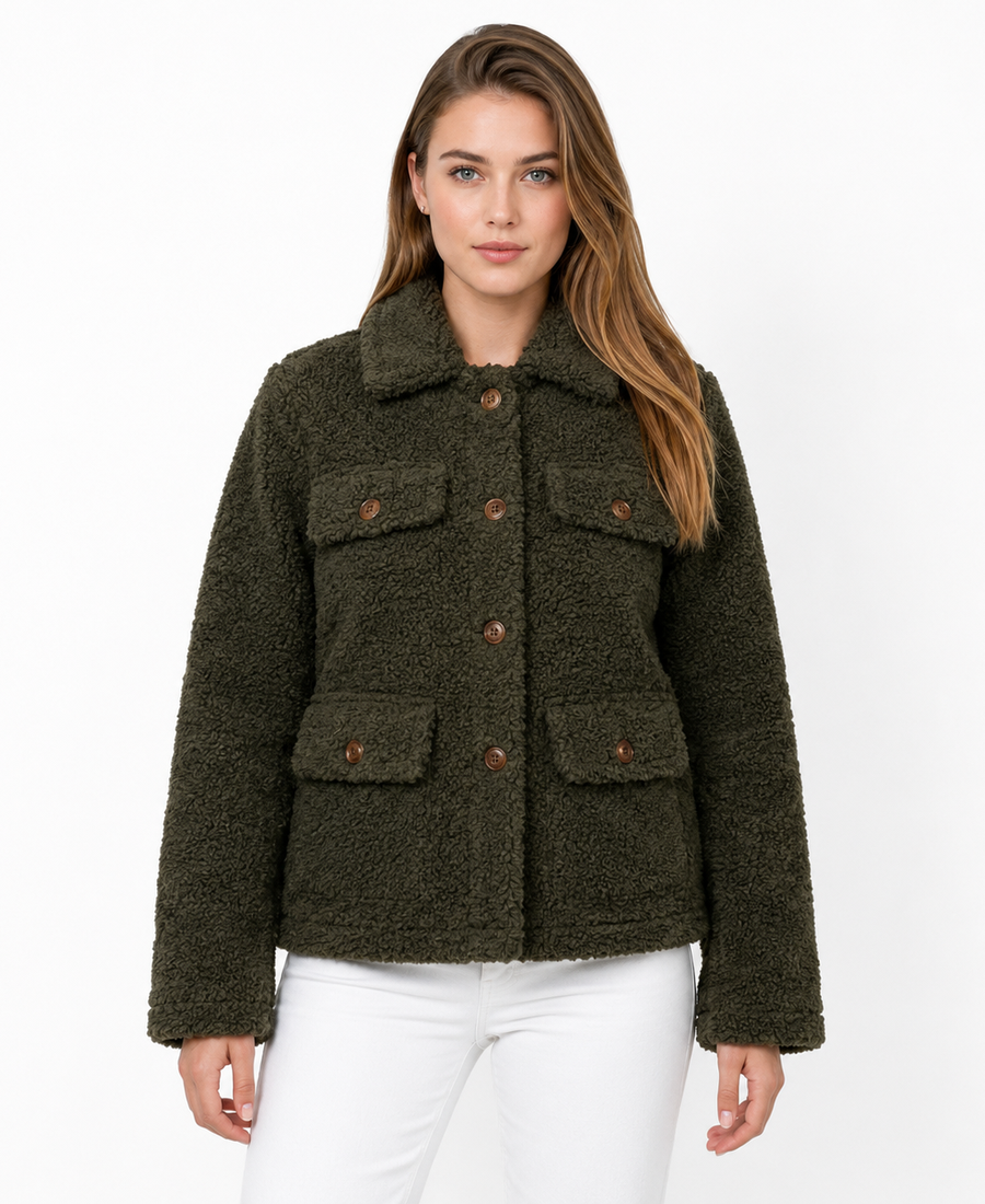 Women'S Signature Olive Green Faux Sherpa Jacket 3 Women Signature Olive Green Faux Sherpa Jacket Front - Trendy Leather Jackets